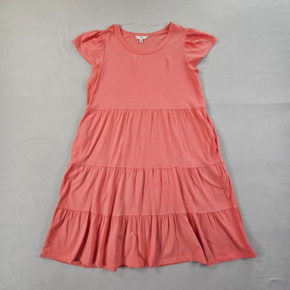 Time and Tru M 8-10 Coral Tiered Midi Dress Puff Sleeve Pockets 100% Cotton